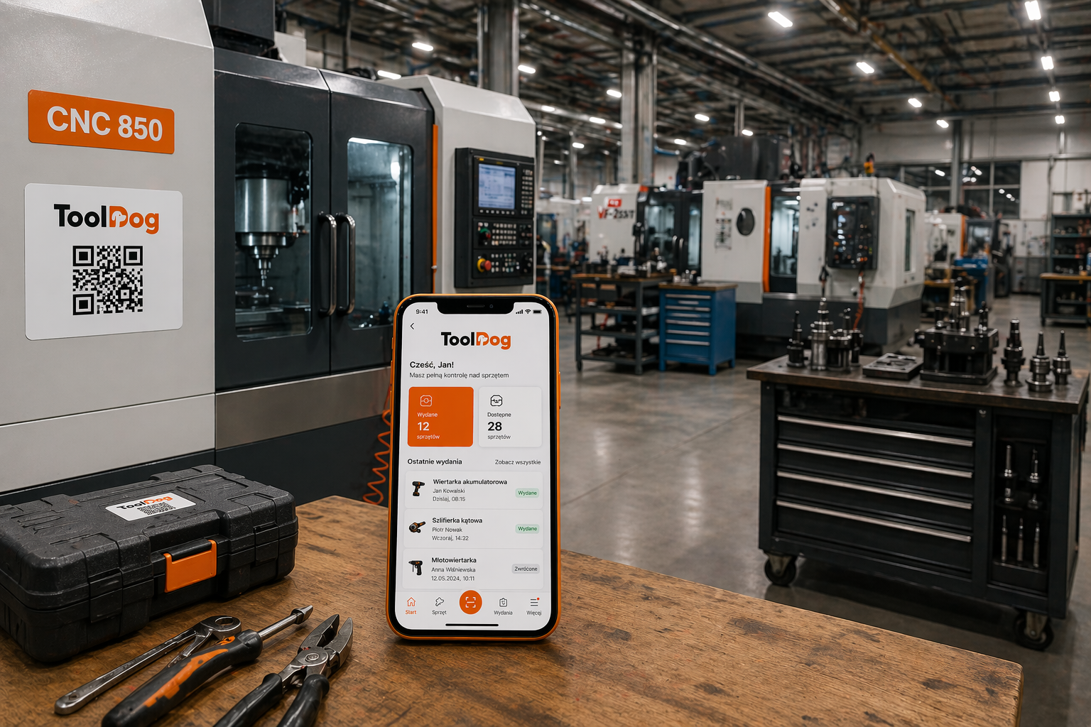 Widok hali z pracą na sprzęcie i aplikacją ToolDog