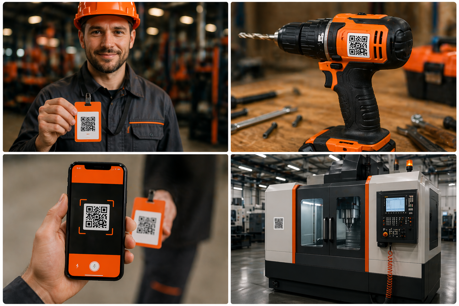 Schemat ToolDog: pracownik z kodem, sprzęt z QR, skan w aplikacji i duże maszyny